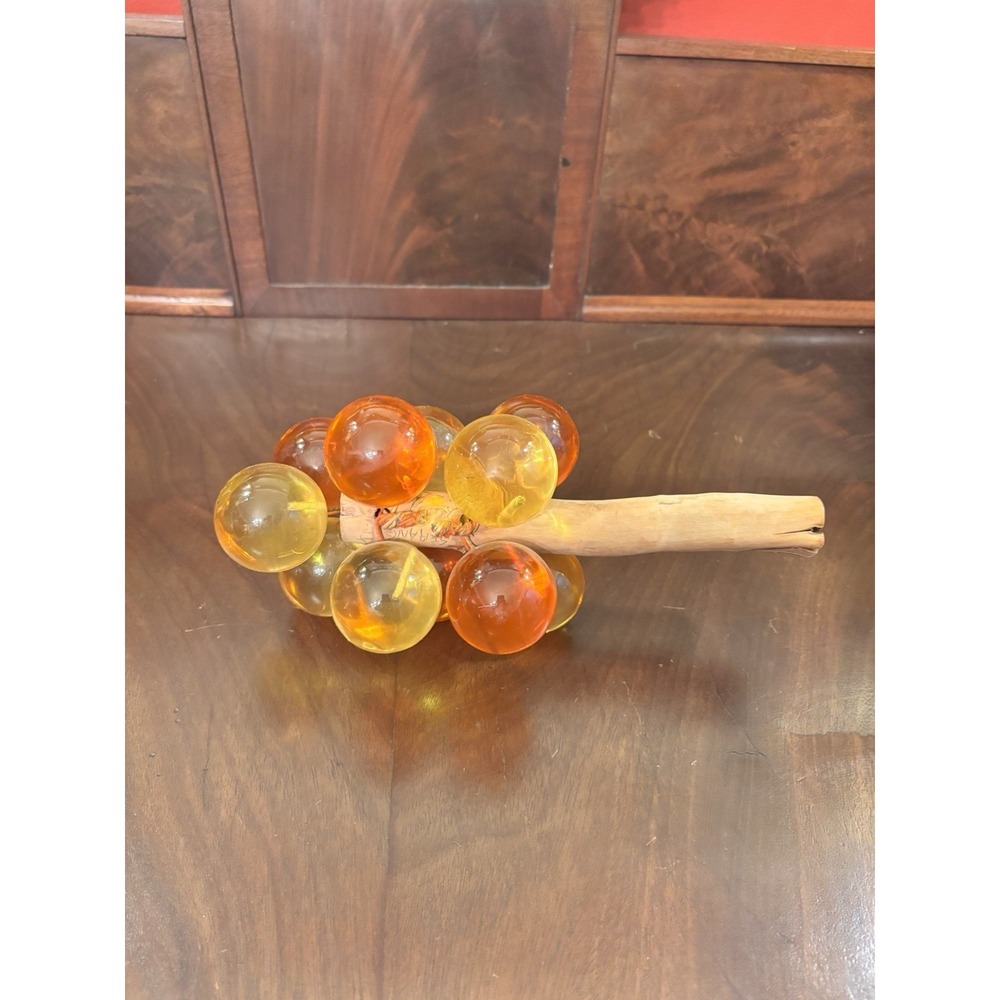 Vintage Lucite‎ Grapes Cluster Wood Stem Amber Orange MCM Table Decor Sculpture